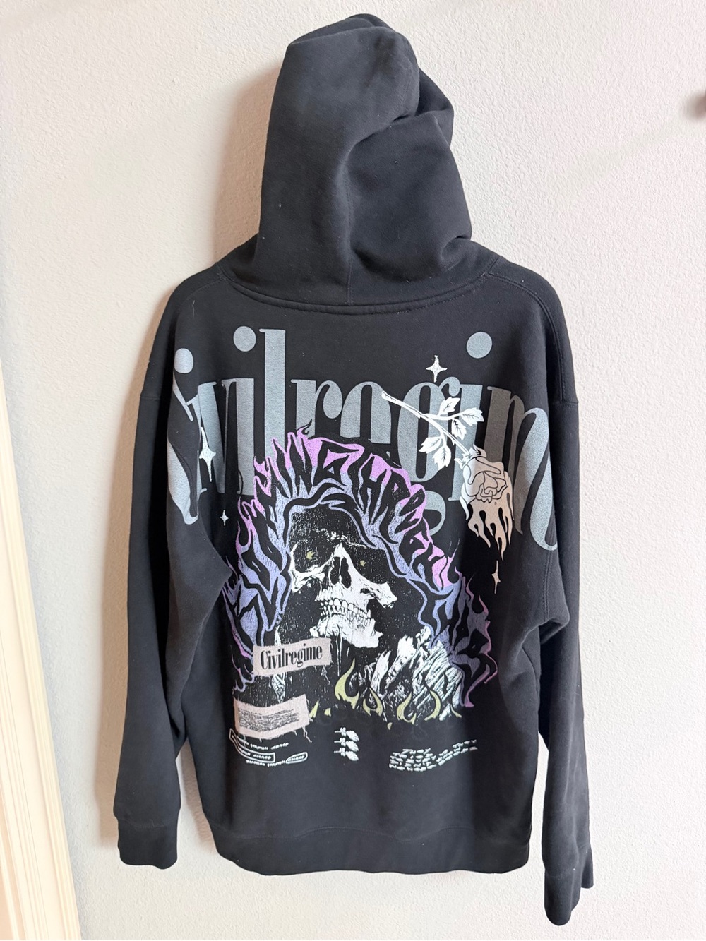 Civil Regime Black Skull Flame Graphic Pullover Hoodie Streetwear Large